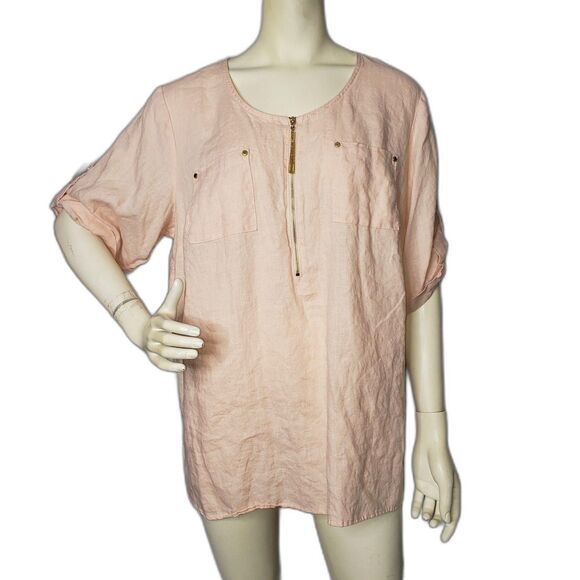 Ellen Tracy Blouse Womens 1X Pink Linen Half Zip Tunic Short Sleeve EPWH63534 - Picture 1 of 7